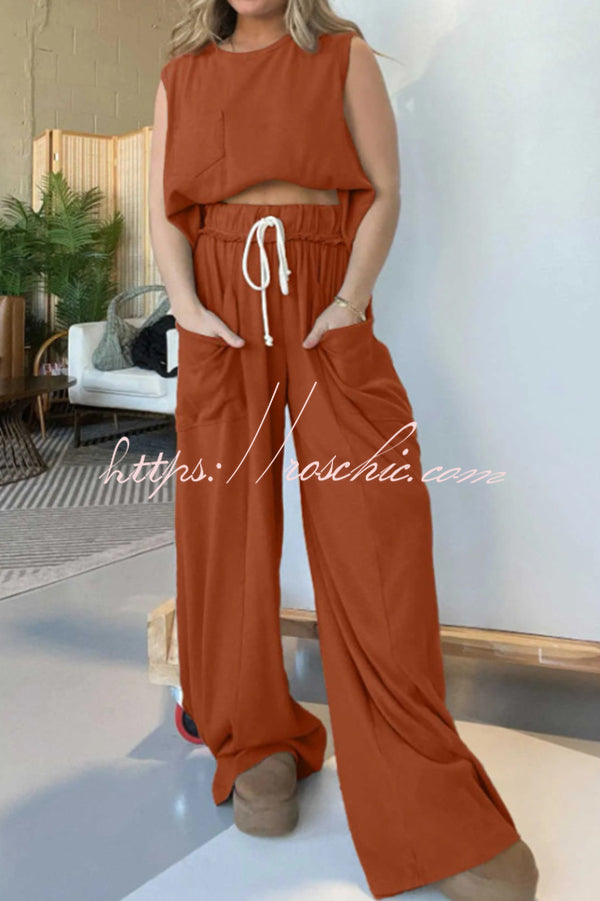 Best Comfort Pocketed Tank Top and Elastic Waist Wide Leg Pants Set