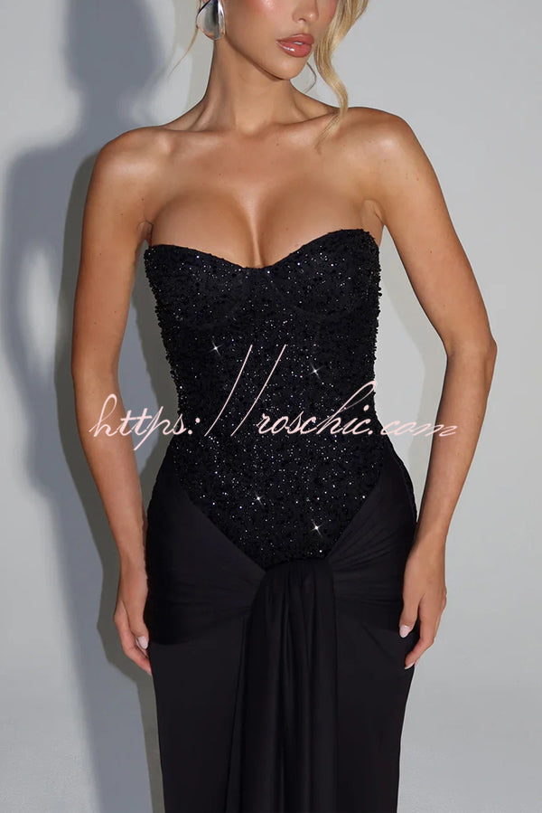 Carina Sequined and Satin Jersey Off Shoulder Ruched Knot Drape Maxi Dress