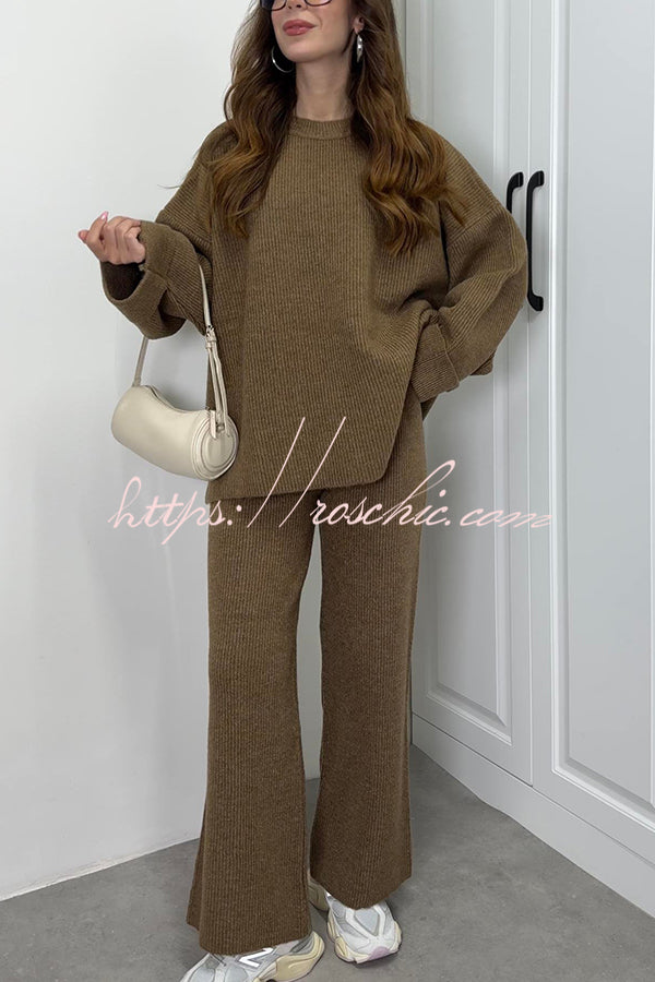 Solid Color Loose Long-sleeved Knit Top and Elastic Waist Casual Straight Leg Pants Set