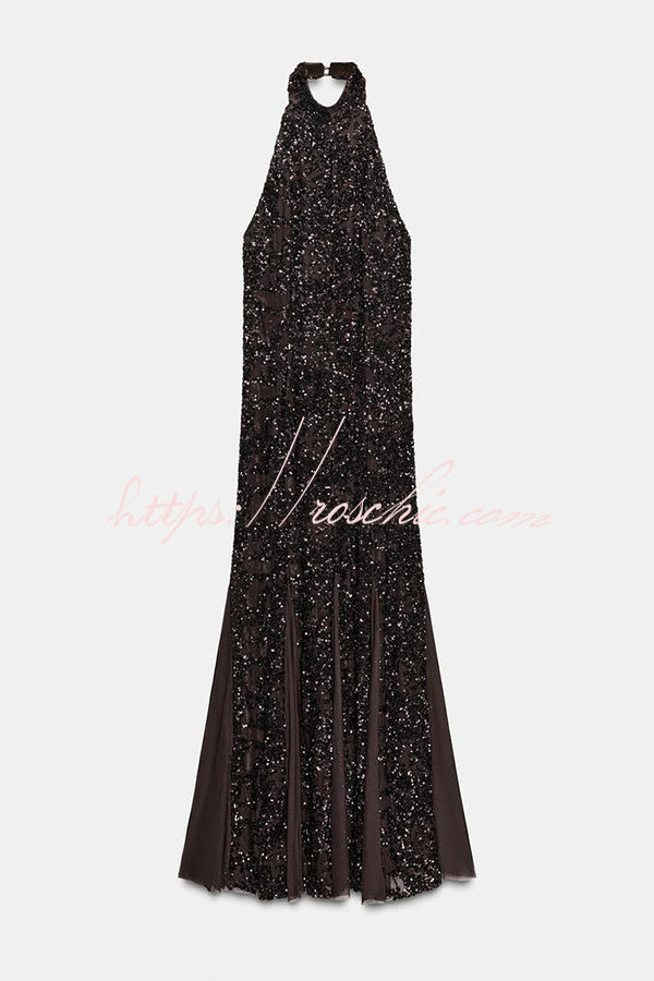Twilight Gleam Sequin Textured Tulle Hem Halter Backless Maxi Dress