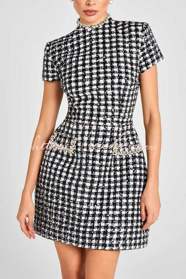 Eve Check Bouclé-tweed Fabric Pearl Trim Short Sleeve Pocketed Mini Dress
