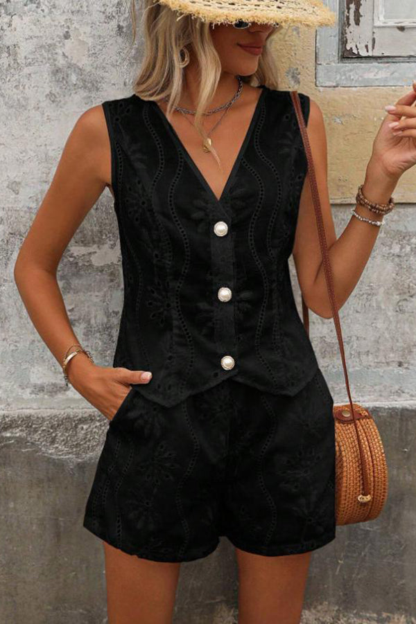 Solid Color Embroidered V-neck Button Casual Vest and Loose Pocket Shorts Set