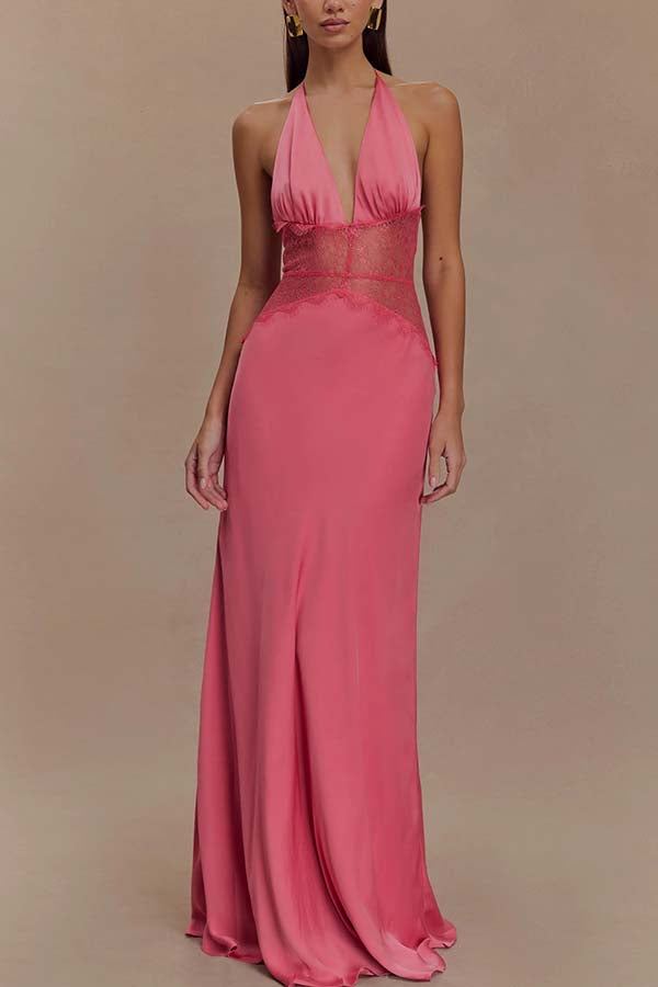 Seductive Details Satin Lace Waist Halter Tie-up Backless Maxi Dress