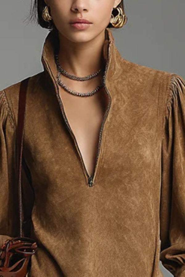 Stylish Loose-fitting Suede Zip-up V-neck Mini Dress