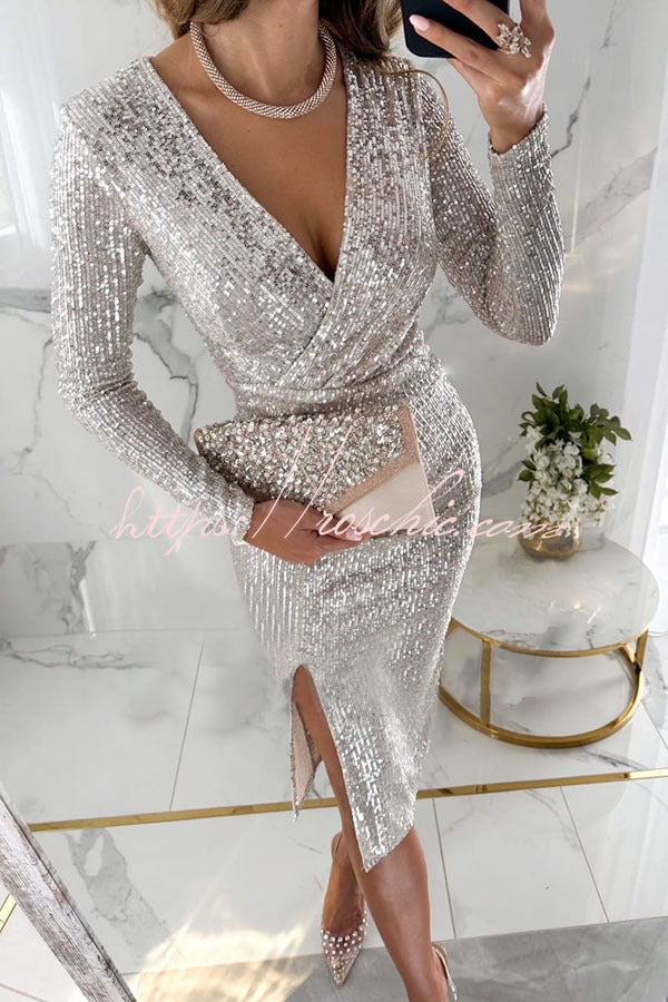 Main Character Sequin Long Sleeve Side Slit Midi Dress