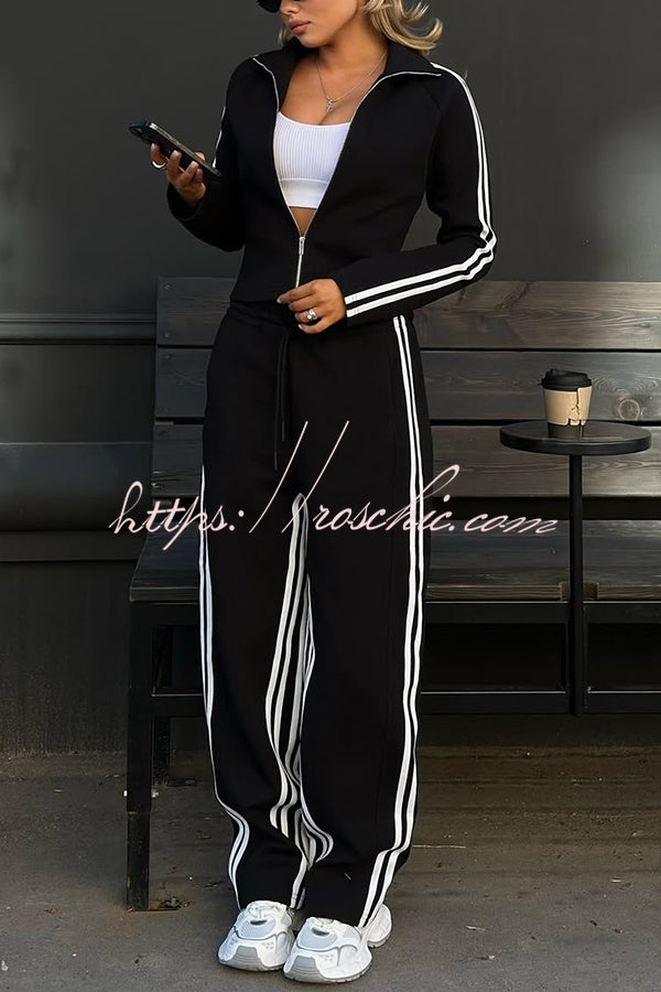 Fashionable Sports Style Striped Long-sleeved Jacket and Elastic Waist Casual Pants Set
