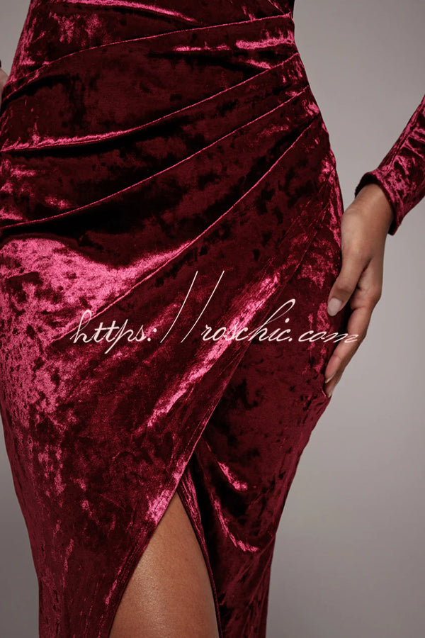 Solid Color Velvet Long-sleeved Slim-fit Slit Midi Dress