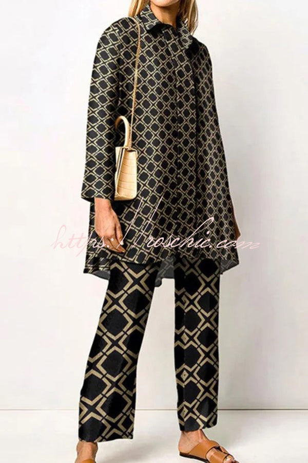 Geometric Print Lapel Long Sleeved Top and Pants Two Piece Set