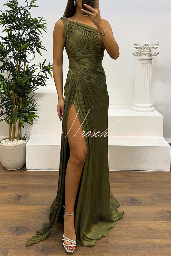 Fashion One-shoulder Pleated Ribbon Slim Slit Maxi Dress