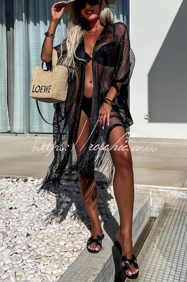 Perfect Look for Vacation Tassle Trim Batwing Sleeve Loose Cover-ups