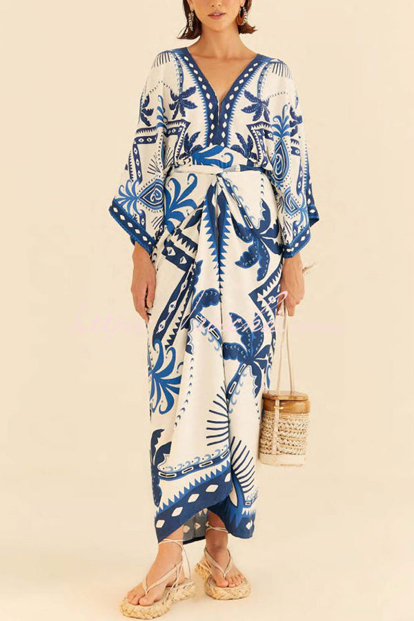 Chic Palm Tree Ethnic Print Fake Two Piece Lace Up Maxi Dress