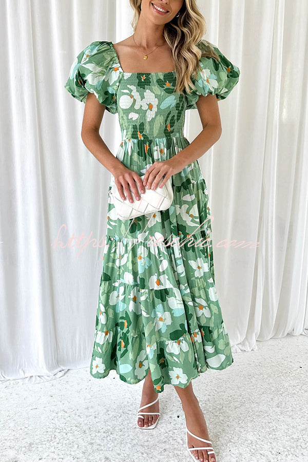 Petal Princess Unique Print Smocked Waist Puff Sleeve Midi Dress