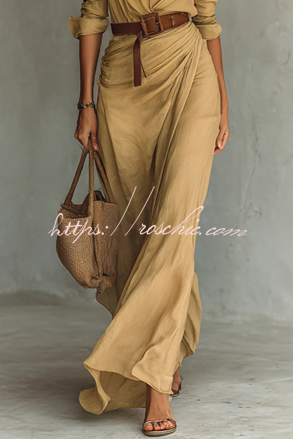 City Sleek Single Breasted Long Sleeve Warp Slit Shirt Maxi Dress