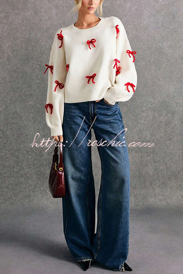 Christmas Bow Round Neck Loose Long Sleeve Knitted Sweater