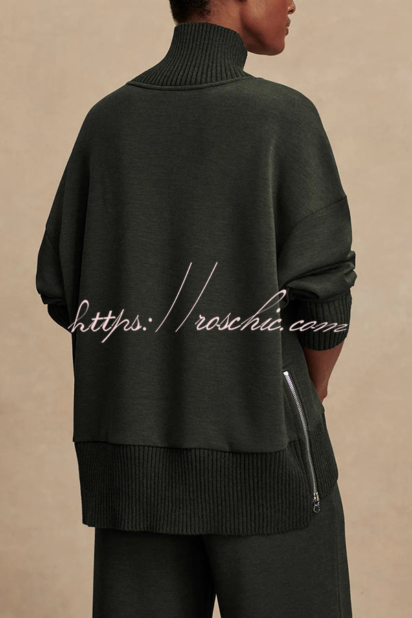 Barker High-Neck Long Sleeve Side Zipper Sweatshirt and Elastic Waist Pocketed Loose Pants Set (Shipped Within 24 Hours)