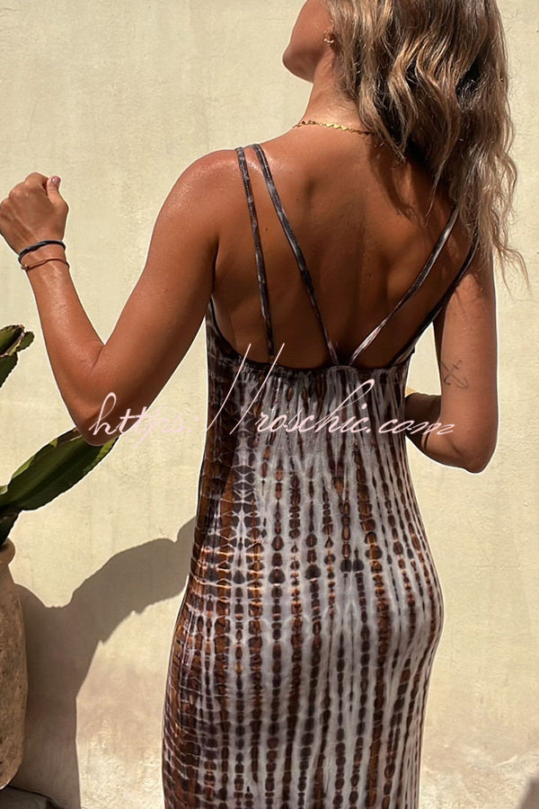 An Inspiration Tie-dye Print Double Shoulder Strap Stretch Maxi Dress