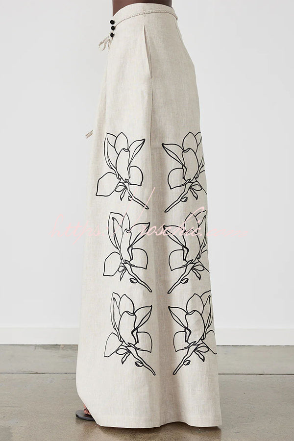 Elaina Linen Blend Floral Print Button Pocketed Wide Leg Palazzo Pant