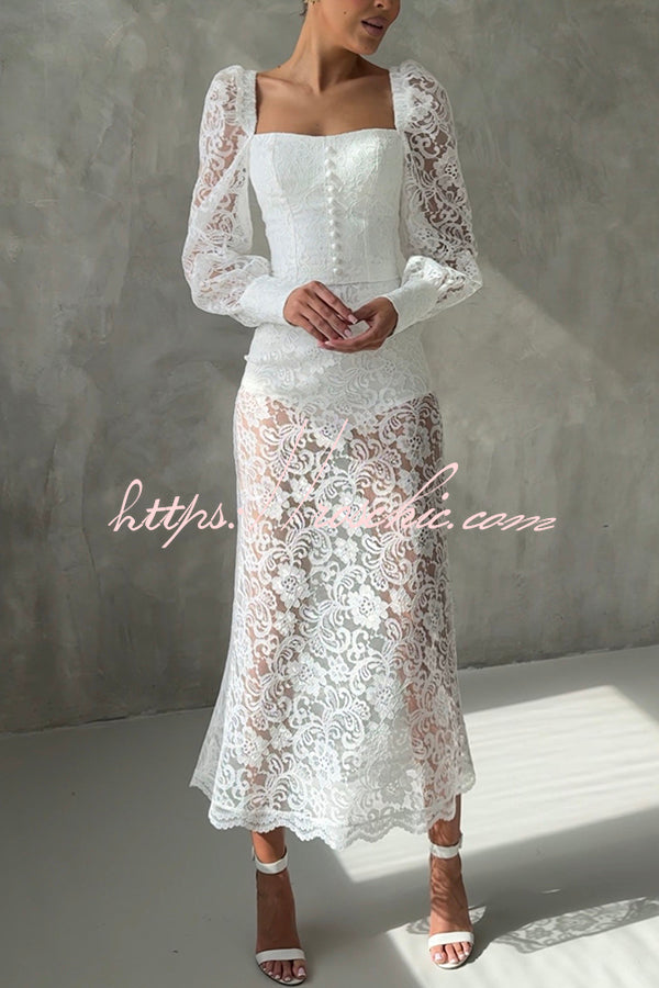 Timeless Moment Floral Lace High Rise Elastic Waist Midi Skirt