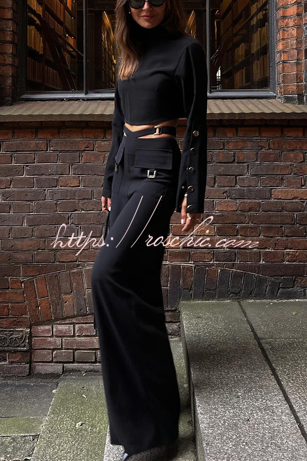 Leia High Neck Button Bell Sleeve Top and Cutout Waist Metal Pocketed Flare Pants Set