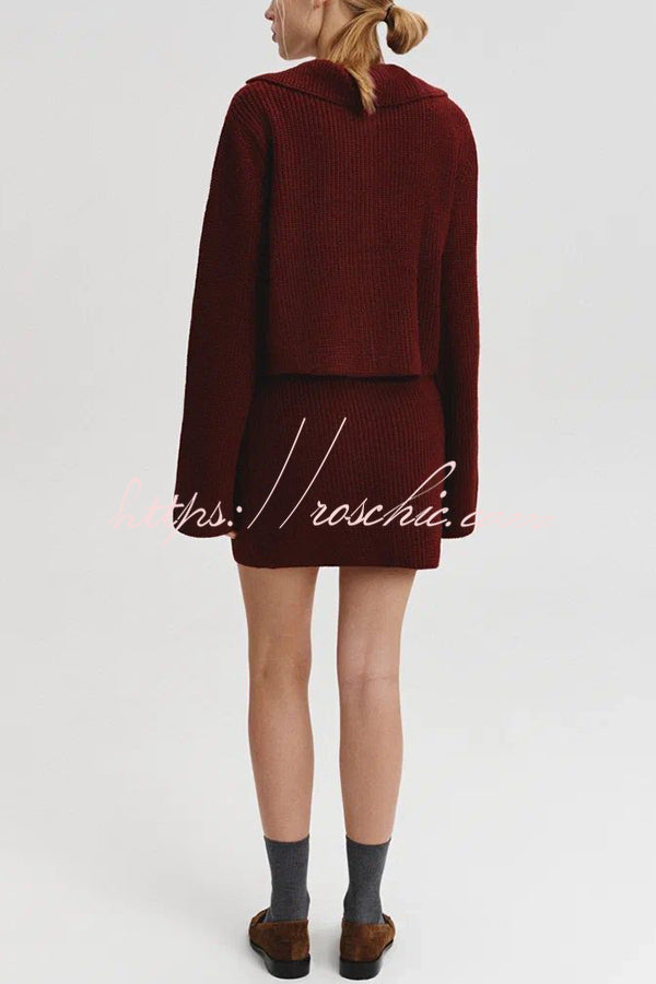 Fashion Lapel Bell Sleeve Knitted Cardigan and Casual Mini Skirt Set
