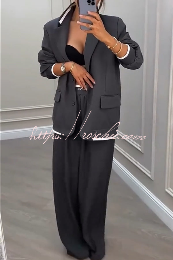 Fashion Sports Style Ribbed Colorblock Lapel Blazer and Elastic Waist Pocket Loose Pants Set