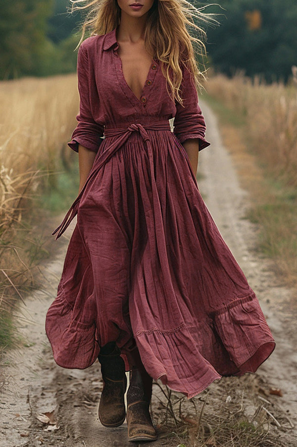 Retro Waist Tie V-neck Long-sleeved Casual Maxi Dress
