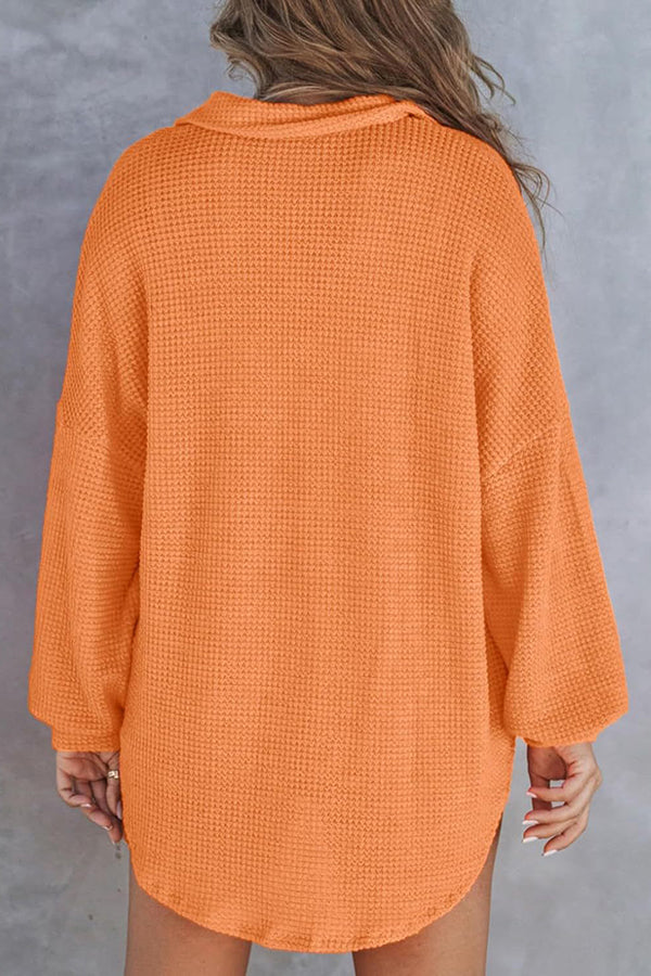 Solid Color Waffle Loose Casual Knitted Pocket Top