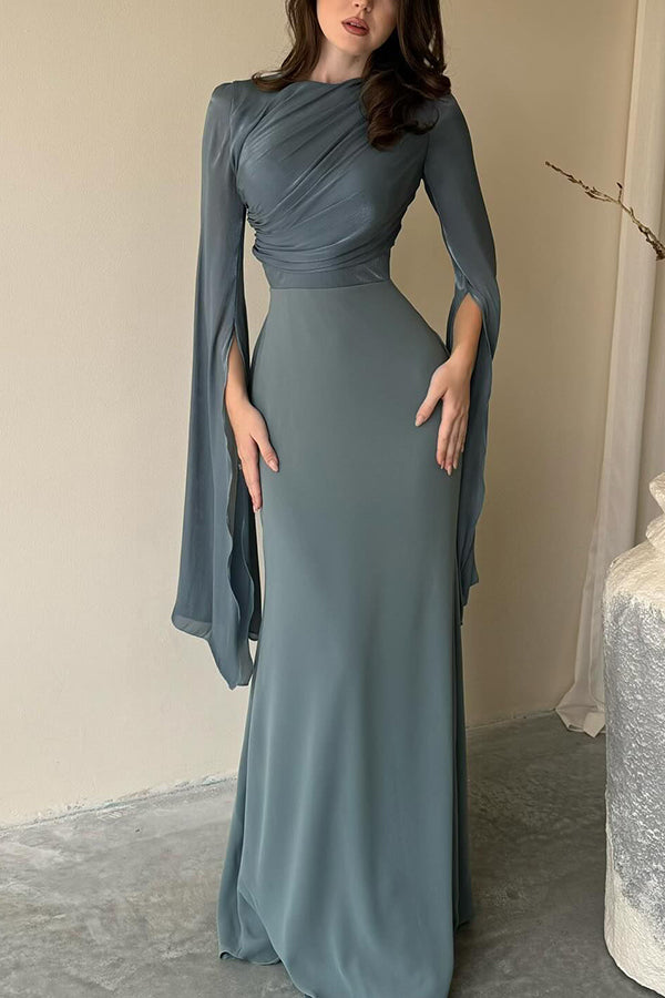 Liora Ruched Organza and Satin Patchwork Design Long Bell Slit Sleeve roschic Liora Ruched Organza and Satin Patchwork Design Long Bell Slit Sleeve roschic