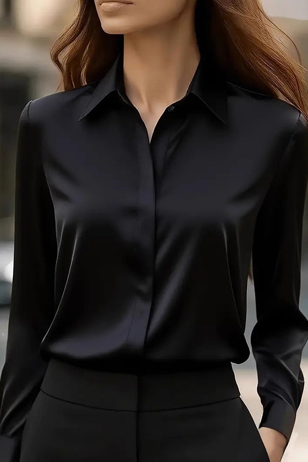 Solid Color Satin Lapel Long-sleeved Casual Shirt