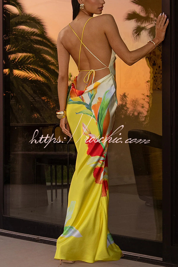 Luisa Satin Floral Print Cowl Neck Sexy Open Back Tie-up Maxi Dress