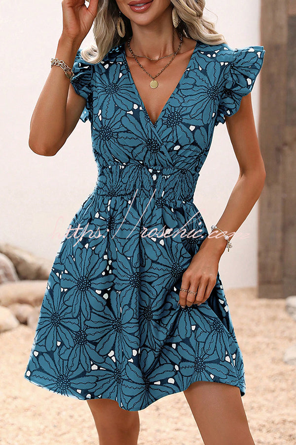 Wonderful Weekend Floral Print Ruffle Sleeve Elastic Waist Mini Dress