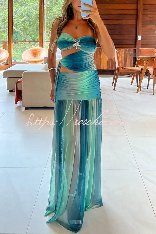 Soleil Mesh Printed Starfish Pendant Ruched Cutout Off Shoulder Maxi Dress