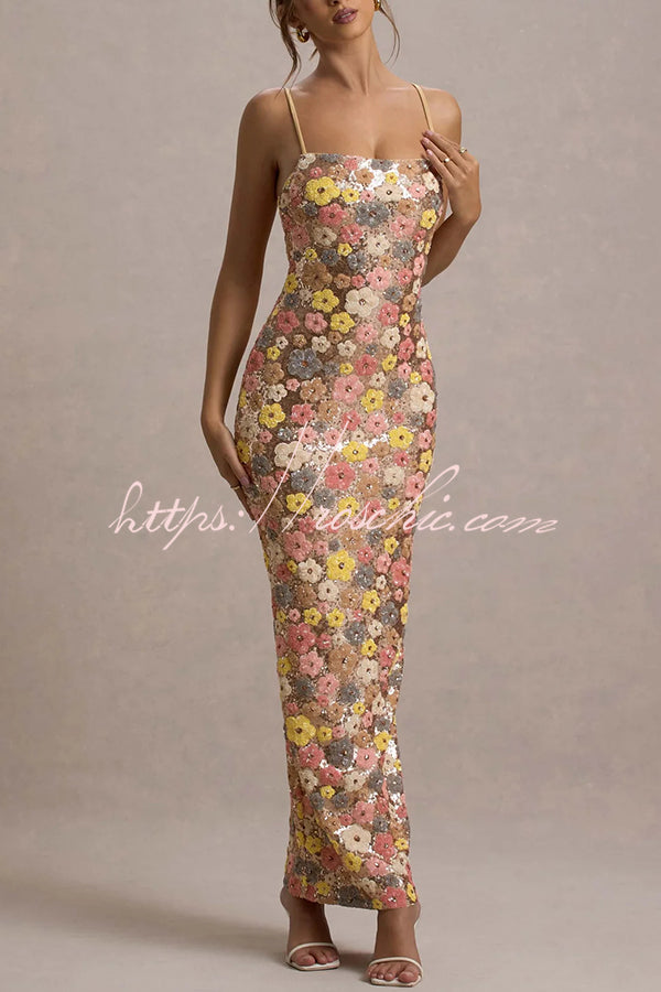 80's Inspired Floral Print Sequin Square Neck Slip Stretch Maxi Dress