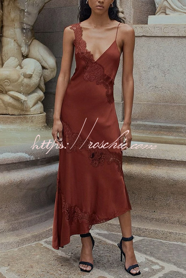 Sexy Lace Stitching Suspender V-neck Asymmetrical Maxi Dress