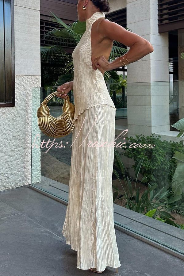 Charm and Charisma Texture Fabric Halter Neck Backless Tank and Elastic Waist Wide Leg Pants Suit