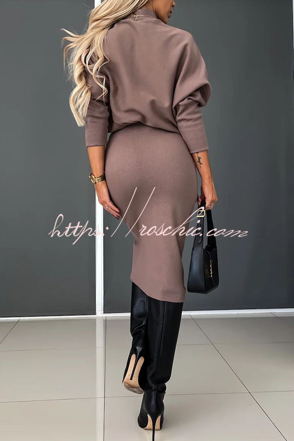 Chill Morning Knit Ribbed High Neck Top and Big Pocket Slit  Stretch Midi Skirt Set