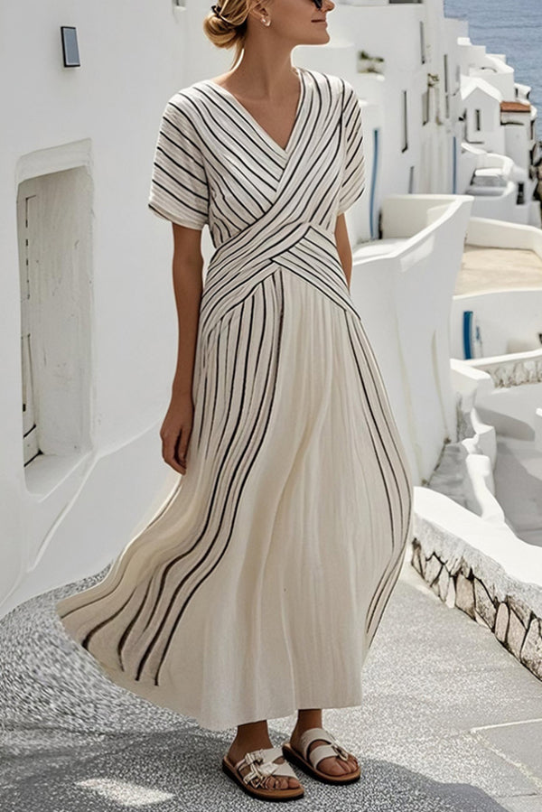 Striped Print V-Neck Short Sleeve Holiday Style Maxi Dress
