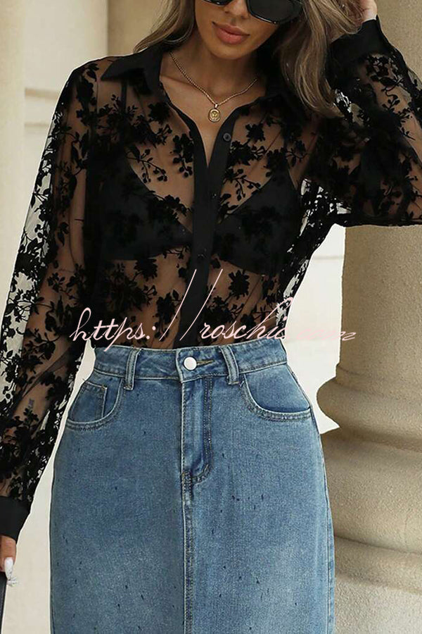 Fashion See-through Plant Lace Long Sleeve Loose Shirt