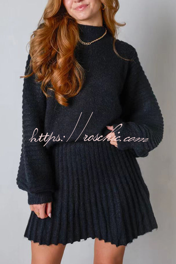 Solid Color Round Neck Puff Sleeve Loose Knit Sweater and Casual Striped Mini Skirt Set