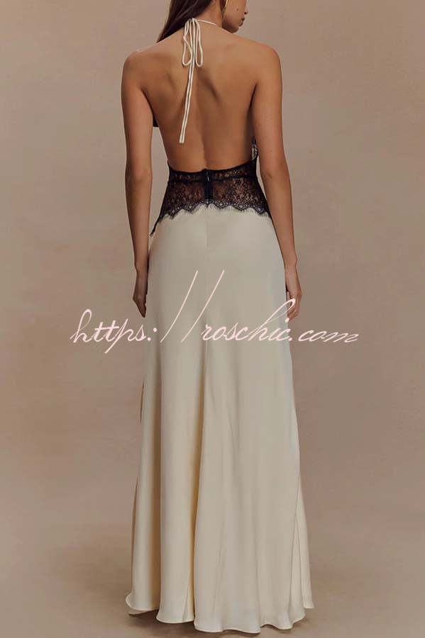 Seductive Details Satin Lace Waist Halter Tie-up Backless Maxi Dress