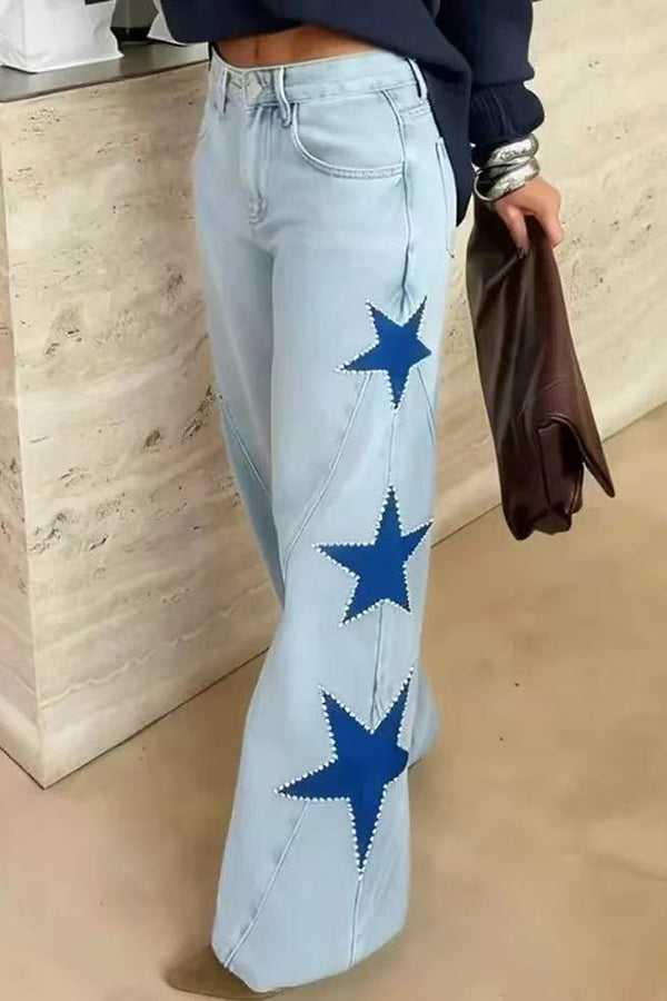 Jessy Denim Mid Rise Side Star Pattern Pocket Wide Leg Jeans (Shipped Within 24 Hours)