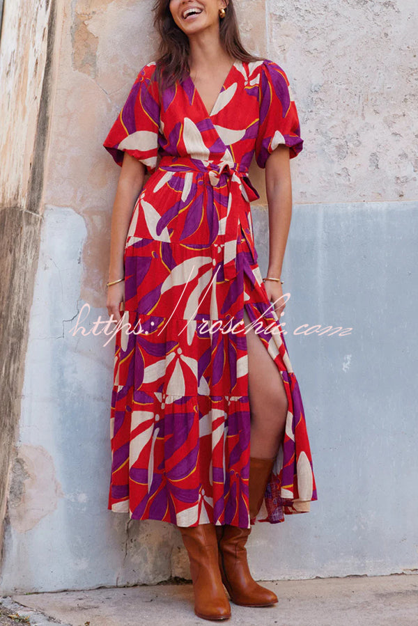 Unique Printed V-neck Puff Sleeves Tie Waist Midi Dress