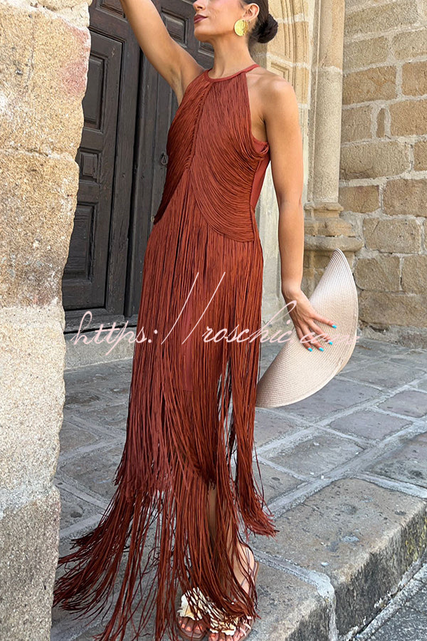 Fashion Sleeveless Halter Neck Elegant Tassel Slim Maxi Dress