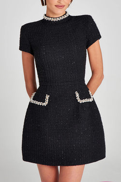 Exquisite and Playful Tweed Fabric Pearl Trim Short Sleeve Pocketed Mini Dress, Black / XL Exquisite and Playful Tweed Fabric Pearl Trim Short Sleeve Pocketed Mini Dress, Black / XL