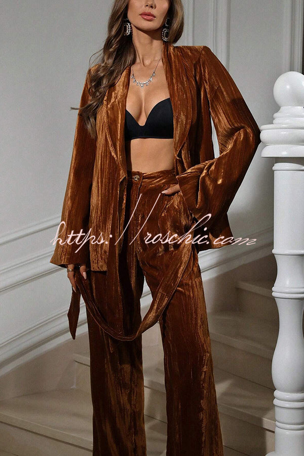 Solid Color Velvet Pleated Long-sleeved Tie Top and Casual Pocket Straight-leg Pants Set