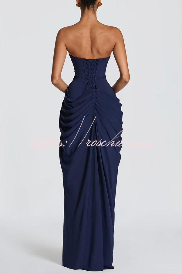 navy blue strapless dress long Vintage Ball Gown Strapless Navy Blue Satin Long Prom Dresses Party Dr –  Frisco Dresses main image 0