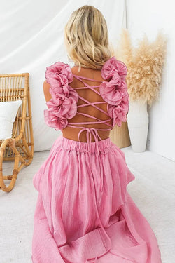 Luxe Lady Floral Ruffle Detail Back Lace-up Elastic Waist Maxi Dress roschic Luxe Lady Floral Ruffle Detail Back Lace-up Elastic Waist Maxi Dress roschic