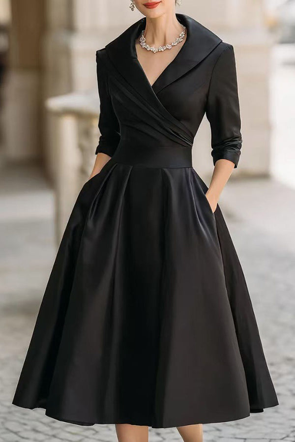 Solid Color Elegant Long Sleeve Waist Pocket Midi Dress