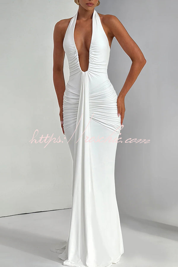 Solid Color Elegant Halterneck V-neck Open Back Tie Gathered Maxi Dre   roschic