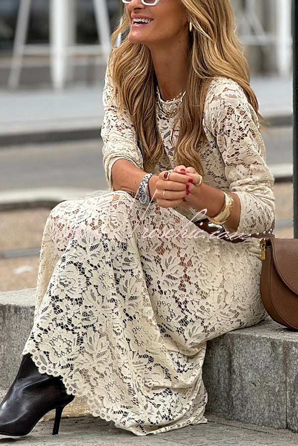 Hippie Elegance Lace Long Sleeve Crewneck Maxi Dress